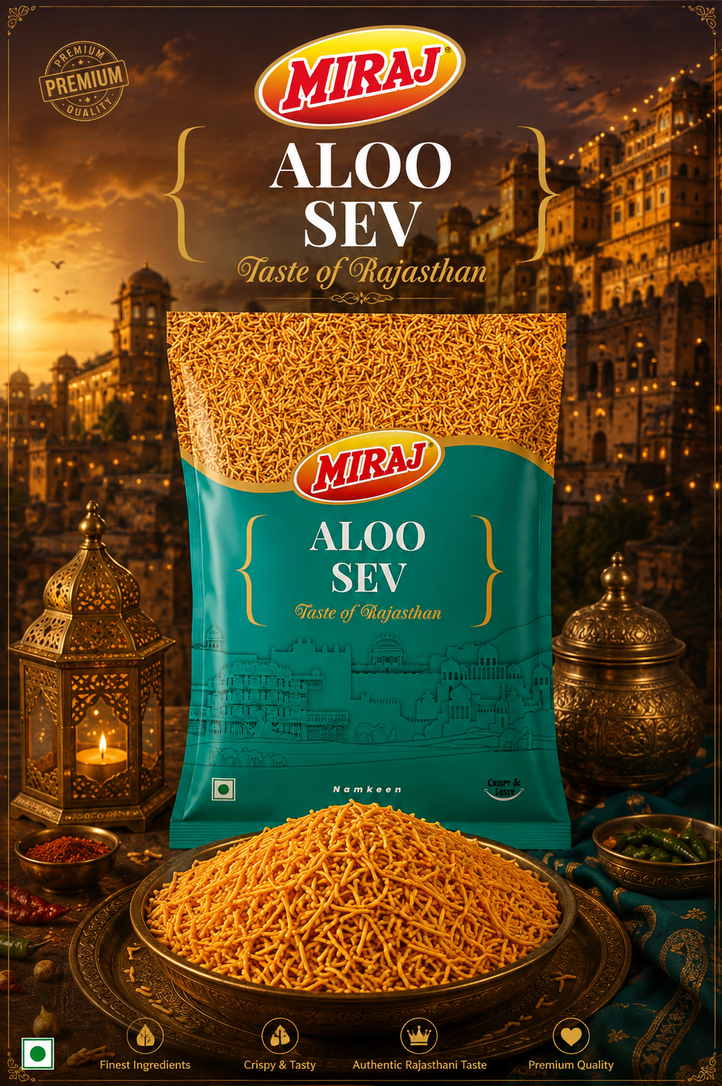 Miraj Namkeen Combo (Bhujia, Aloo Sev, Khatta Meetha, Navratan Mix) (1 Pack of 200g Each)