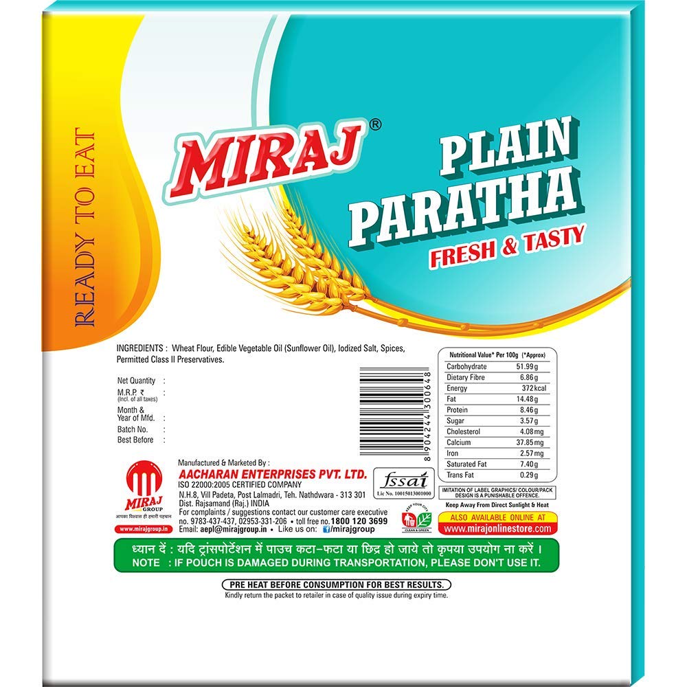 ready to eat miraj plain paratha back