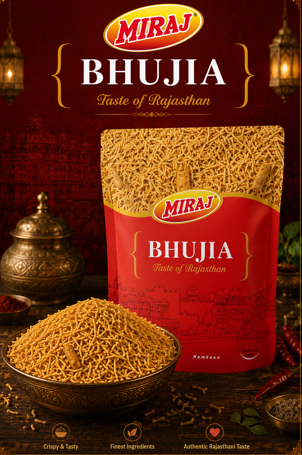 Miraj Namkeen Combo (Bhujia, Aloo Sev, Khatta Meetha, Navratan Mix) (1 Pack of 200g Each)