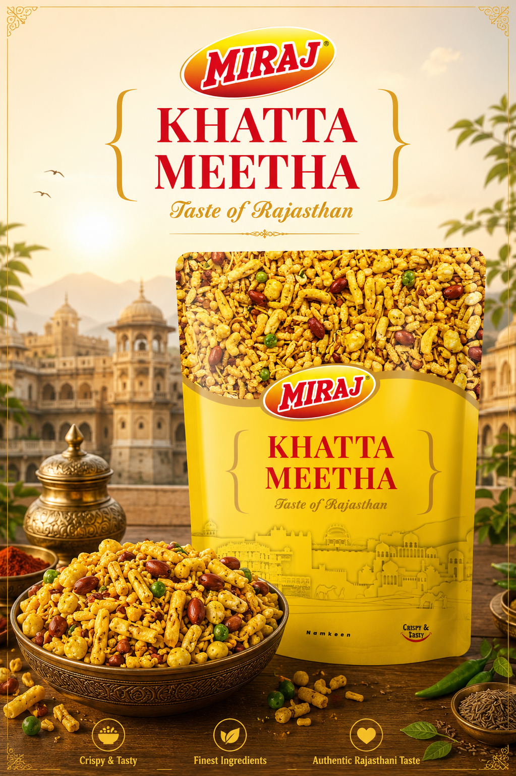 Miraj Namkeen Combo (Bhujia, Aloo Sev, Khatta Meetha, Navratan Mix) (1 Pack of 200g Each)
