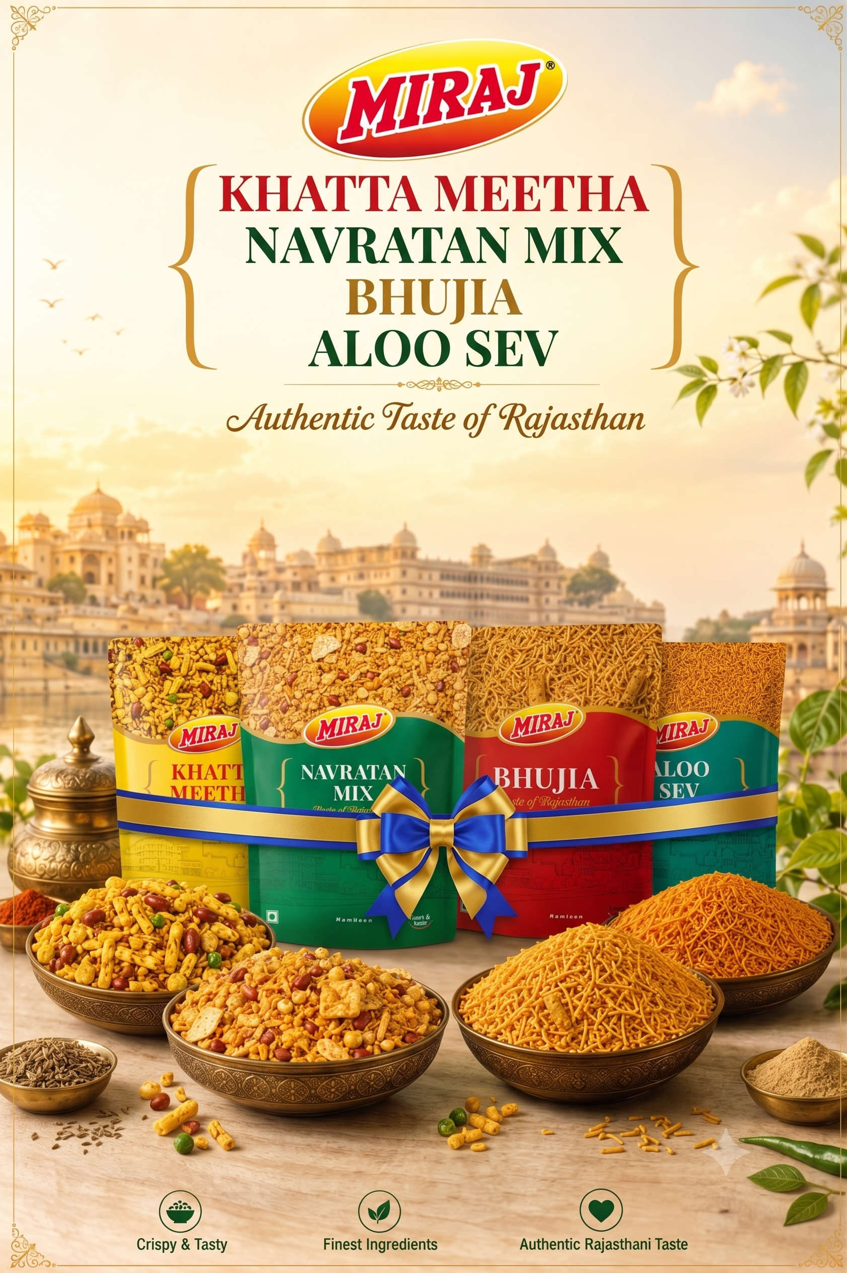 Miraj Namkeen Combo (Bhujia, Aloo Sev, Khatta Meetha, Navratan Mix) (1 Pack of 200g Each)
