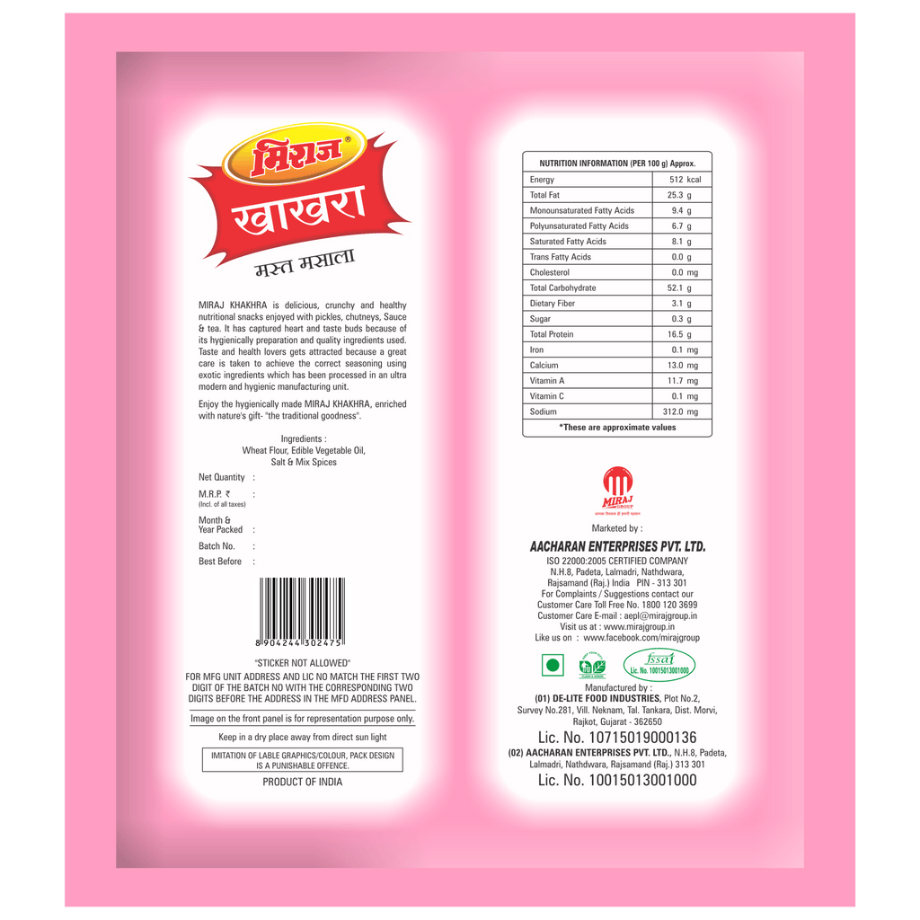 Miraj Khakhra Combo (Plain, Jeera, Masala, Methi) (200g each) (Pack of 4) - Miraj Online Store